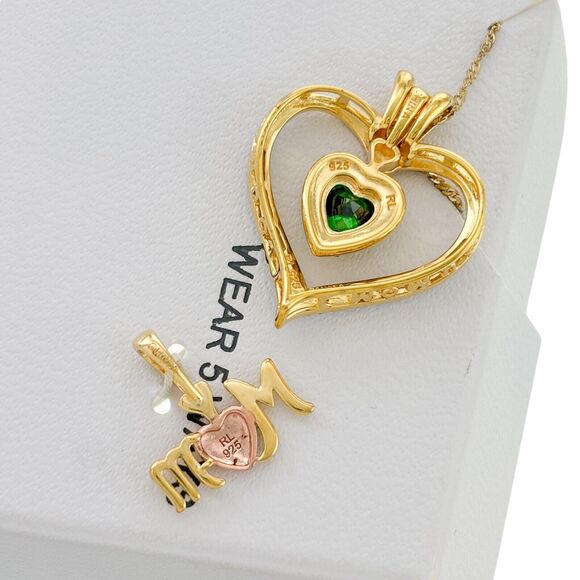 NIB 14K Over Sterling Silver Synthetic Emerald CZ Convertible MOM Necklace - Picture 4 of 5